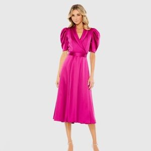 Mac Duggal Stain Lapel Puff Short Sleeve Midi Dress - Hot Pink - Size 6 NWT